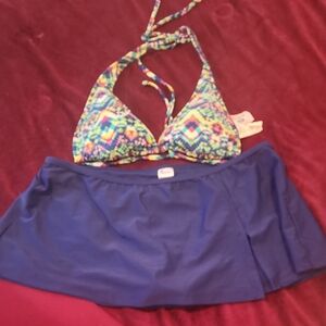 Colorful Bikini Top and Blue Skirt Set
